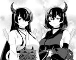  2girls abyssal_ship breasts choker commentary_request greyscale hair_between_eyes hair_over_one_eye horns kantai_collection large_breasts long_hair looking_at_viewer monochrome multiple_girls night_strait_princess_(black) night_strait_princess_(white) short_hair sideboob sleeveless tenshin_amaguri_(inobeeto) upper_body 