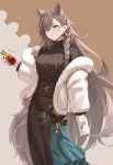  1girl absurdres amam_(64943468) animal_ears arknights braid brown_eyes brown_hair cup dress drinking_glass earrings fur-trimmed_jacket fur_trim highres holding holding_cup jacket jewelry long_dress long_hair mole_on_forehead penance_(arknights) penance_(occasionally_flushed)_(arknights) ribbed_sweater side_braid sweater tail wolf_ears wolf_tail 