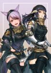  2girls absurdres animal_ears au_ra black_gloves black_hair blue_eyes boots breasts cam_(cammero95713700) cat_ears dragon_horns final_fantasy final_fantasy_xiv fingerless_gloves gloves heterochromia highres holding_another&#039;s_arm horns long_hair looking_at_viewer medium_breasts miqo&#039;te multiple_girls open_mouth pink_hair red_eyes scales short_hair thigh_boots warrior_of_light_(ff14) white_gloves 