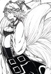  1girl animal_ears dress fox_ears fox_tail frilled_sleeves frills hands_in_opposite_sleeves hat highres long_dress long_sleeves luoz mob_cap monochrome multiple_tails ofuda solo standing tabard tail touhou wide_sleeves yakumo_ran 