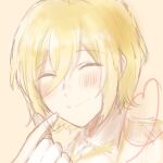  1boy blush closed_eyes closed_mouth ensemble_stars! facing_viewer finger_heart gloves heart heart_of_string male_focus ntec231 orange_background shirt sketch smile solo tenshouin_eichi white_gloves white_shirt 