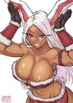  1girl animal_ears arm_belt armpits arms_up bare_shoulders black_gloves boku_no_hero_academia breasts cleavage collarbone dark-skinned_female dark_skin fur-trimmed_skirt fur-trimmed_sleeves fur_trim gloves hands_up large_breasts long_eyelashes long_hair looking_at_viewer mirko navel parted_bangs patreon_username rabbit_ears rabbit_girl rabbit_pose red_eyes red_skirt red_tube_top redjet simple_background skirt smile solo stomach strapless teeth toned tube_top very_long_hair white_background white_hair 