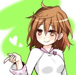 1girl breasts brown_eyes brown_hair closed_mouth commentary_request dress floral_print green_background hair_between_eyes hands_up heart i.u.y light_blush long_sleeves medium_breasts medium_hair messy_hair misaka_worst smile solo toaru_majutsu_no_index toaru_majutsu_no_index:_new_testament upper_body vietnamese_dress white_dress 