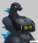 absurd_res angry annoyed anthro arm_under_breasts artist_name big_breasts blush blush_lines bra breasts clothed clothing cross-popping_vein digital_media_(artwork) female godzilla godzilla_(series) gonda hi_res holding_breast kaiju looking_angry midriff monster muscular partially_clothed scalie simple_background skimpy solo spikes spikes_(anatomy) teeth toho underwear vein
