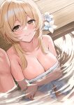  1boy 1girl ayul_(ayulneri_92) blonde_hair blush breasts cleavage closed_mouth collarbone flower genshin_impact highres large_breasts lumine_(genshin_impact) naked_towel onsen partially_submerged smile solo_focus towel water wet white_towel yellow_eyes 