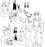 2_horns anthro bovid canid canine canis caprine clothed clothing coyote domestic_cat english_text eyebrows eyelashes felid feline felis female footwear fox from_felidae fully_clothed goat hand_holding head_wraps hi_res horn lagomorph leporid male mammal monochrome nan_(nq) nan_quest overalls rabbit red_(rq) ruby_(rq) ruby_quest santiago_(nq) shirt shoes simple_background sketch_page standing tail tank_top text text_on_clothing text_on_shirt text_on_tank_top text_on_topwear tom_(rq) topwear white_background young