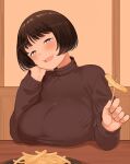  1girl :d atgsanz_(wttoo0000) black_sweater blush bob_cut breasts brown_hair food french_fries highres huge_breasts indoors jimiko large_breasts long_sleeves looking_at_viewer mole mole_under_eye original short_hair smile solo sweater 
