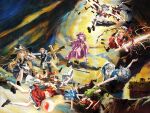  6+girls absurdres bat_(animal) bat_wings black_dress blonde_hair blue_dress blue_hair blue_ribbon book broom broom_riding brown_hair crescent crescent_pin dress embodiment_of_scarlet_devil flandre_scarlet green_dress hakurei_reimu hat highres ibushi_roun izayoi_sakuya japanese_clothes kirisame_marisa maid maid_headdress miko multiple_girls patchouli_knowledge pink_dress pink_hair red_dress red_hair remilia_scarlet ribbon rumia touhou white_dress wings witch_hat 