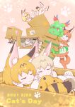  6+girls :3 absurdres animal_ears animal_print bare_shoulders blonde_hair blue_eyes blush boots bow bowtie box caracal_(kemono_friends) caracal_ears cardboard_box cat_day cat_ears cat_girl cat_print cat_tail cellval closed_eyes colored_skin elbow_gloves extra_ears gloves green_hair green_skin green_skirt grey_hair grey_pantyhose hair_between_eyes highres in_box in_container kemono_friends kemono_friends_3 margay_(kemono_friends) margay_print multiple_girls orange_bow orange_bowtie orange_gloves orange_hair pantyhose print_bow print_bowtie print_gloves print_socks print_thighhighs red_eyes saival_cat sand_cat_print serval_(kemono_friends) serval_print shirt short_hair sidelocks skirt sleeping socks sweatdrop tail thighhighs white_bow white_bowtie white_footwear white_hair white_serval_(kemono_friends) white_shirt yellow_eyes 