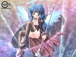  angel blue_hair breastless_clothes breasts breasts_outside flying garter_straps highres ishihara_masumi long_hair medium_breasts no_panties priest priest_(ragnarok_online) pubic_hair pussy ragnarok_online side_slit smile solo thighhighs wallpaper wings 