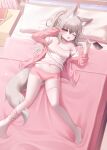  1girl absurdres animal_ear_fluff animal_ears bed book breasts cellphone clothes_lift commission dolphin_shorts drooling fox_ears fox_girl fox_tail grey_hair head_on_pillow highres honyang jacket long_hair long_sleeves lying navel on_back on_bed one_eye_closed open_clothes open_jacket open_mouth original phone pillow pink_jacket pink_shorts ponytail saliva shirt shirt_lift shorts sleepy smartphone stomach tail thighhighs white_shirt 