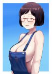  1girl atgsanz_(wttoo0000) blue_overalls border breasts brown_eyes brown_hair glasses highres jimiko large_breasts looking_at_viewer mole mole_under_mouth naked_overalls no_bra open_mouth original overalls short_hair sideboob solo white_border 