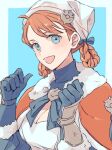  1girl annette_fantine_dominic blue_eyes braided_hair_rings breasts capelet cleavage fire_emblem fire_emblem:_three_houses fire_emblem_warriors:_three_hopes fur_collar looking_at_viewer official_alternate_costume official_alternate_hairstyle tenjin_(ahan) white_headwear 
