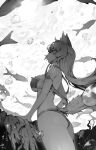  1girl air_bubble animal_ear_fluff animal_ears arm_strap arm_support ass bare_shoulders bell bikini breasts bubble cat_ears cat_girl cat_tail coconut_(nekopara) commentary commission cowboy_shot curvy english_commentary fish floating_hair from_side greyscale highres jingle_bell large_breasts long_hair looking_up monochrome neck_bell nekopara parted_lips profile rou_(rou22) sideboob sidelocks solo standing straight_hair swimsuit tail underwater water 