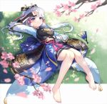 1girl absurdres arm_guards arm_up armor bare_legs barefoot blue_eyes blue_hair blunt_bangs blunt_tresses blurry blurry_foreground blush breastplate breasts cherry_blossoms closed_mouth commentary_request depth_of_field eyelashes feet flower_knot folding_fan genshin_impact grass hair_ornament hair_ribbon hand_fan highres japanese_armor japanese_clothes kamisato_ayaka knees_together_feet_apart knees_up lalazyt large_breasts legs light_blue_hair long_hair looking_at_viewer on_ground outdoors ponytail ribbon signature smile solo tassel toenails toes tress_ribbon 