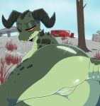 anthro bethesda_softworks big_breasts bodily_fluids breasts butt deathclaw digital_media_(artwork) fallout female genitals glistening glistening_body hi_res horn looking_at_viewer looking_back lying nude on_side orange_eyes presenting presenting_pussy pussy scalie simple_background smile solo sos_or_loss tail teeth