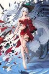  1girl aqua_headwear arknights bare_legs bare_shoulders boots bowlp breasts cleavage commentary_request detached_sleeves dress full_body grey_hair highres long_hair long_sleeves looking_at_viewer medium_breasts navel red_dress red_eyes single_boot skadi_(arknights) skadi_the_corrupting_heart_(arknights) solo stomach thighs torn_clothes torn_dress very_long_hair white_footwear wide_sleeves 