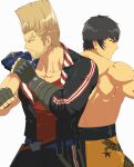  2boys back-to-back bara bare_pectorals beard_stubble character_request clenched_hands fighting_stance frown highres houjoh_(7th-heaven) looking_ahead male_focus multiple_boys muscular muscular_male pectorals tekken thick_eyebrows topless_male tsurime 