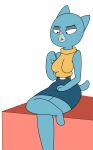 2022 absurd_res anthro barefoot belt belt_buckle big_breasts big_eyes biped black_eyebrows black_eyelashes black_pupils blue_body blue_bottomwear blue_clothing blue_ears blue_skirt blue_tail bottomwear breasts brown_belt cartoon_network clothed clothed_anthro clothed_female clothing crossed_legs digital_drawing_(artwork) digital_media_(artwork) domestic_cat eyebrows eyelids feet felid feline felis female female_anthro fully_clothed fully_clothed_anthro fully_clothed_female grey_eyelids hi_res mammal markings mary_senicourt mature_anthro mature_female muffintopart narrowed_eyes no_irises open_mouth paws pink_nose prick_ears pupils round_head round_nose short_tail simple_background sitting skirt solo sweater tail the_amazing_world_of_gumball thick_thighs three-quarter_view topwear turtleneck whisker_markings white_background yellow_clothing yellow_sweater yellow_topwear
