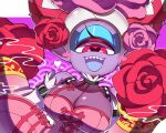  1girl breasts cleavage colored_skin cyclops detached_sleeves flower fuumin_(youkai_watch) heart heart-shaped_pupils highres large_breasts looking_at_viewer one-eyed open_mouth pink_eyes pipiko. pointy_ears purple_skin seigaiha sharp_teeth solo symbol-shaped_pupils teeth youkai_(youkai_watch) youkai_watch 