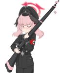  1girl alternate_costume armband black_cat03 black_headwear black_jacket black_wings blue_archive feathered_wings gun halo hat head_wings highres holding holding_gun holding_weapon jacket koharu_(blue_archive) looking_at_viewer military_uniform nazi peaked_cap pink_eyes pink_hair pink_halo red_armband rifle simple_background snail solo ss_insignia ss_uniform swastika totenkopf uniform waffen-ss weapon white_background wings 