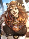  1girl absurdres animal_ears braid brown_hair fangs final_fantasy final_fantasy_xiv final_fantasy_xiv_dawntrail fishbolls furry furry_female highres hrothgar lion_ears lion_tail looking_at_viewer multiple_braids open_mouth smile solo tail teeth upper_body upper_teeth_only wuk_lamat 