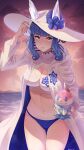  1girl absurdres arm_up bikini blue_bikini blue_eyes blue_flower blue_hair blue_swimsuit breasts cape cleavage cleavage_cutout clothing_cutout cloud cloudy_sky coat cup doiparuni fire_emblem fire_emblem_heroes flower food hat highres holding holding_cup ice ice_cream ice_cream_cup ice_horns large_breasts navel nifl_(fire_emblem) ocean official_alternate_costume sky snowflake_print solo spoon swimsuit twilight two-tone_bikini two-tone_swimsuit utensil_in_mouth white_bikini white_cape white_coat 