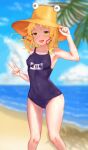  1girl absurdres ass_visible_through_thighs beach blonde_hair breasts commentary_request covered_navel covered_nipples green_eyes highres masamika10086 medium_hair moriya_suwako ocean open_mouth palm_tree pyonta school_swimsuit small_breasts smile solo swimsuit touhou tree wet 