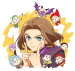  4girls 5boys black_hair blonde_hair blue_eyes blue_hair brown_hair camus_(dq11) chibi closed_eyes closed_mouth colored_skin demon demon_horns demon_wings dragon_quest dragon_quest_xi facial_hair finger_to_face green_headband greig_(dq11) headband hero_(dq11) horns long_hair martina_(dq11) medium_hair multiple_boys multiple_girls mustache old old_man open_mouth parted_bangs pointy_hat ponytail purple_hair purple_skin red_eyes red_headwear row_(dq11) senya_(dq11) short_hair smile spiked_hair straight_hair sylvia_(dq11) tnp upper_body veronica_(dq11) white_hair wings 