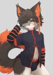 2024 aak_(arknights) anthro arknights black_body black_fur bulge clothing domestic_cat ear_piercing felid feline felis fur hair hi_res hypergryph male mammal orange_body orange_fur piercing pureolliebranch solo studio_montagne tail topwear underwear white_body white_fur