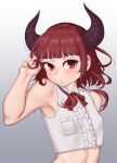  1girl absurdres armpits blunt_bangs commentary_request covered_nipples crop_top hand_in_own_hair highres horns masamika10086 medium_hair midriff original red_eyes red_hair solo upper_body variant_set 