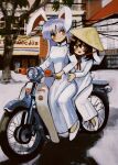  2girls alternate_costume animal_ears black_hair blush breasts building closed_mouth commentary_request crescent crescent_pin dress film_grain floppy_ears grey_hair hair_between_eyes hair_over_shoulder hat hell0120 highres inaba_tewi long_hair long_sleeves medium_bangs medium_breasts medium_hair moped motor_vehicle multiple_girls open_mouth outdoors power_lines rabbit_ears rabbit_girl rabbit_tail red_eyes reisen_udongein_inaba rice_hat riding sideways_glance smile tail touhou tree vietnamese_dress vietnamese_text white_dress white_footwear 