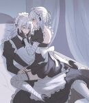  1boy 1girl bandaged_arm bandaged_leg bandages bed black_footwear black_gloves blush crossdressing flower garter_straps gloves hair_flower hair_ornament hands_on_another&#039;s_face high_heels highres kaine_(nier) maid maid_headdress nier nier_(series) nier_(young) rio_(rio773) straddling white_hair 