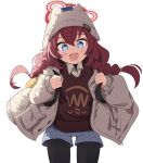  1girl :d absurdres alternate_costume backpack bag blue_archive blue_eyes blue_shorts commentary_request hair_between_eyes halo hat highres hood hooded_jacket jacket kittenlochen long_hair long_sleeves looking_at_viewer low_twintails maki_(blue_archive) maki_(camp)_(blue_archive) official_alternate_costume official_alternate_hairstyle open_clothes open_jacket red_hair short_shorts shorts sidelocks simple_background smile solo twintails 