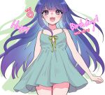  1girl 2023 :3 :d arms_at_sides bare_arms blue_hair blunt_bangs blush clenched_hand commentary_request cowboy_shot day dress drop_shadow floating_hair furude_rika green_dress happy happy_birthday heart highres higurashi_no_naku_koro_ni long_hair looking_at_viewer notice_lines open_mouth purple_eyes ribbon sidelocks sleeveless sleeveless_dress smile solo very_long_hair yellow_ribbon yuno_ff 