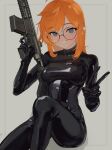  1girl :d absurdres assault_rifle black_bodysuit blue_eyes bodysuit eyes_visible_through_hair glasses gun highres latex latex_bodysuit orange_hair polilla rifle skin_tight smile solo sparkle trigger_discipline v weapon 