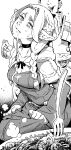  1boy 1girl armor braid cape dungeon_meshi elf food highres ireading marcille_donato monochrome pointy_ears sexually_suggestive 