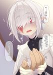  1boy 1girl abelia_(ogami_kazuki) ahoge bandaged_hand bandages black_dress blurry blurry_background blush burn_scar covered_collarbone crying crying_with_eyes_open depth_of_field dress fangs grey_hair hair_over_one_eye hand_grab highres indoors long_sleeves looking_at_viewer ogami_kazuki open_mouth original pointy_ears red_eyes scar short_hair solo_focus sweat tears thick_eyebrows translation_request trembling white_dress 