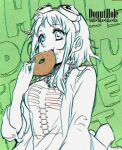  1girl bead_necklace beads bonyonyo character_name donut_hole_(vocaloid) doodles doughnut eating food goggles goggles_on_head green_background gumi jewelry necklace non-web_source skeleton_print solo vocaloid 