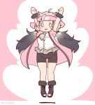  1girl animal_ears arms_up bear_ears bear_girl boots coroha extra_ears ezo_brown_bear_(kemono_friends) full_body grey_hair hachimaki happi headband japanese_clothes jumping kemono_friends leggings looking_at_viewer necktie pink_background shirt short_hair simple_background skirt solo wristband 