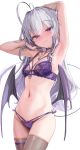  1girl arm_up armpits bare_shoulders black_thighhighs blush bra breasts choker closed_mouth commentary_request cowboy_shot demon_wings grey_hair highres jewelry kanzarin long_hair low_wings navel necklace original panties purple_bra purple_choker purple_eyes purple_panties shinomiya_kanna simple_background small_breasts smile stomach thighhighs thighs underwear underwear_only white_background wings 