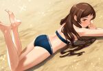  1girl ass bangs bare_arms bare_legs barefoot beach blush breast_press brown_eyes brown_hair feet_up hanamasa_ono idolmaster idolmaster_million_live! idolmaster_million_live!_theater_days kitazawa_shiho light_particles long_hair looking_at_viewer looking_back lying on_stomach outdoors plaid plaid_swimsuit sand solo sparkle swimsuit two-tone_swimsuit 