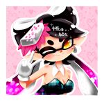  +_+ 1girl absurdres altoooooon bare_arms bare_shoulders black_hair black_jumpsuit bow-shaped_hair breasts callie_(splatoon) cleavage collarbone detached_collar earrings flipped_hair food food_on_head gloves highres hoop_earrings jewelry jumpsuit medium_breasts mole mole_under_eye object_on_head one_eye_closed pointy_ears short_jumpsuit solo splatoon_(series) squid_girl sushi swept_bangs translation_request twintails v white_gloves yellow_eyes 