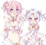  2girls bare_shoulders blue_eyes braided_hair_rings breasts bridal_gauntlets flat_chest hair_horns highres kokkoro_(ceremonial)_(princess_connect!) kokkoro_(princess_connect!) large_breasts multiple_girls navel pink_eyes pink_hair pointy_ears princess_connect! revealing_clothes simple_background white_hair yamada_prcn yui_(ceremonial)_(princess_connect!) yui_(princess_connect!) 