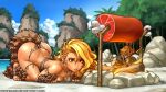  1girl arm_warmers armlet blonde_hair boned_meat breasts campfire cave_elf_(ronindude) cleavage cloud cooking elf food forest long_hair meat nature original pointy_ears rock ronindude sabertooth_cat sky tail tiger tribal water yellow_eyes 