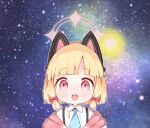  1girl :d animal_ear_headphones animal_ears blonde_hair blue_archive blue_necktie cat_ear_headphones collared_shirt commentary_request fake_animal_ears galaxy hair_ribbon halo headphones long_sleeves looking_at_viewer meme momoi_(blue_archive) morita_(mofuball319) necktie red_eyes ribbon school_uniform shirt short_hair sidelocks sky smile solo space space_cat_(meme) star_(sky) starry_sky suspenders tress_ribbon white_shirt 