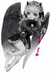  1girl barefoot between_legs blood blood_on_knife bow bowtie breasts buttons cleavage cleavage_cutout clothing_cutout detached_sleeves dress dripping fake_horns feathered_wings frilled_dress frilled_hairband frills full_body greyscale hair_bow hairband hand_between_legs highres holding holding_knife horns knife leg_up lolita_hairband long_hair long_sleeves looking_at_viewer medium_breasts mole mole_on_breast monochrome nail_polish original parted_lips puffy_short_sleeves puffy_sleeves purple_blood purple_eyes shiona_(siona0625) short_dress short_sleeves simple_background solo spot_color toenail_polish toenails white_background wings 