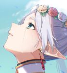  1girl crying earrings elf frieren green_eyes head_wreath highres jewelry long_hair looking_up open_mouth pointy_ears rinzawa simple_background solo sousou_no_frieren 