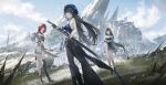  3girls arm_under_breasts bailian_(wuthering_waves) bare_shoulders black_gloves black_hair black_pantyhose black_thighhighs blue_headwear breasts chixia_(wuthering_waves) city commentary_request day detached_sleeves dutch_angle gloves half_gloves highres holding holding_sword holding_weapon large_breasts long_hair looking_at_viewer medium_breasts multiple_girls outdoors pantyhose red_hair reoen short_hair single_glove single_thighhigh sword thigh_strap thighhighs weapon wuthering_waves yangyang_(wuthering_waves) 