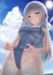  1girl absurdres asahina_miya blue_one-piece_swimsuit blush breasts cowboy_shot crotch_pull date+links! day from_below grey_eyes grey_hair highres impossible_clothes impossible_swimsuit john_zerowb large_breasts long_hair looking_at_viewer one-piece_swimsuit solo swimsuit virtual_youtuber 